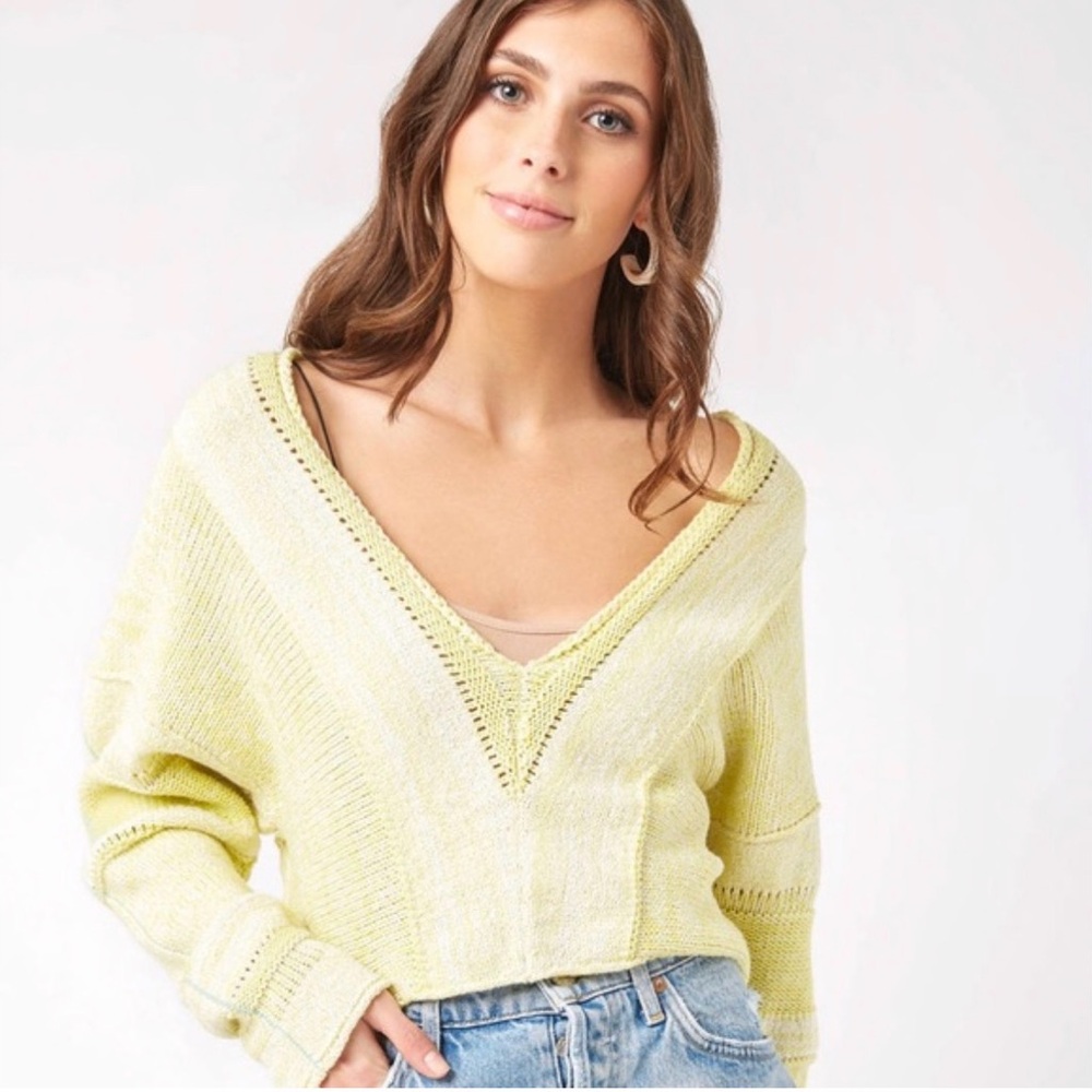 Free People Light Yellow V-Neck Sweater